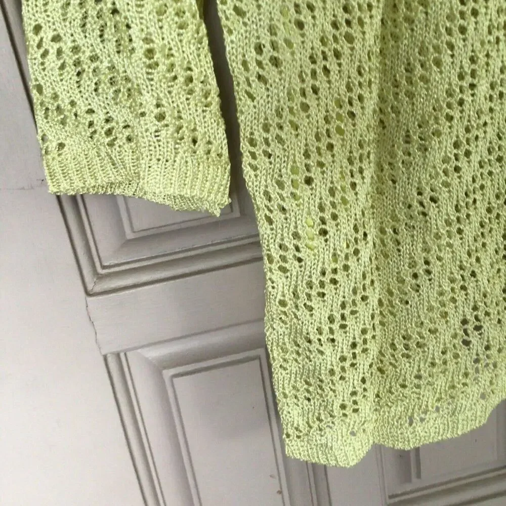 Chico's Sweater Sz1 Cardigan Yellow Open Knit V Neck Buttons 3/4 Sleeve Used